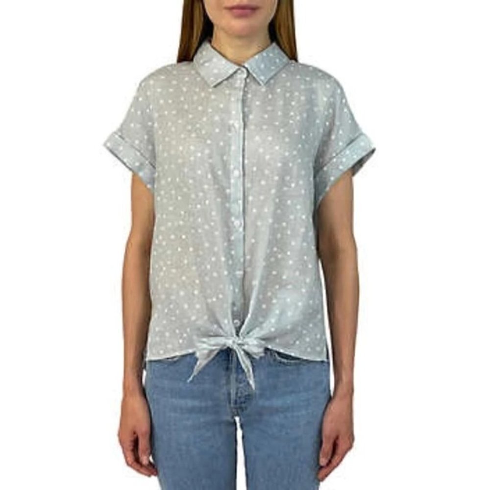 Jach’s Girlfriend Linen Blend Blue Grey Dot Button Up Tie Front Shirt Size Large